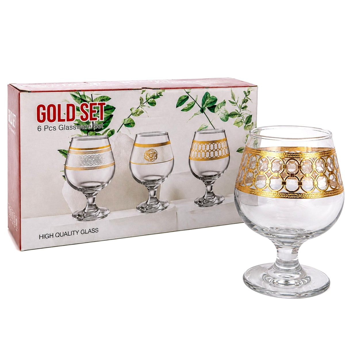 Pahar cu Picior 6/set, din Sticlă 13cm, Model cu Decor Auriu, Transparent