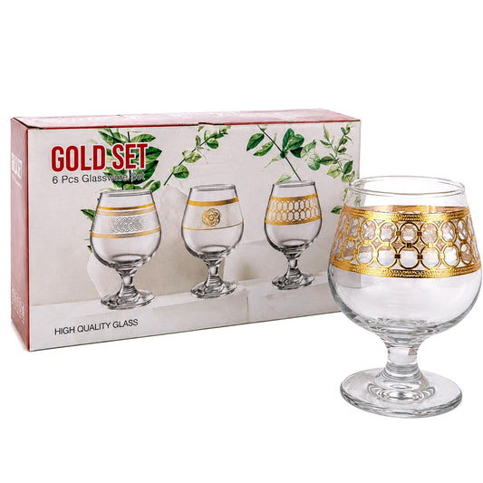 Pahar cu Picior 6/set, din Sticlă 13cm, Model cu Decor Auriu, Transparent