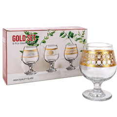 Pahar cu Picior 6/set, din Sticlă 13cm, Model cu Decor Auriu, Transparent