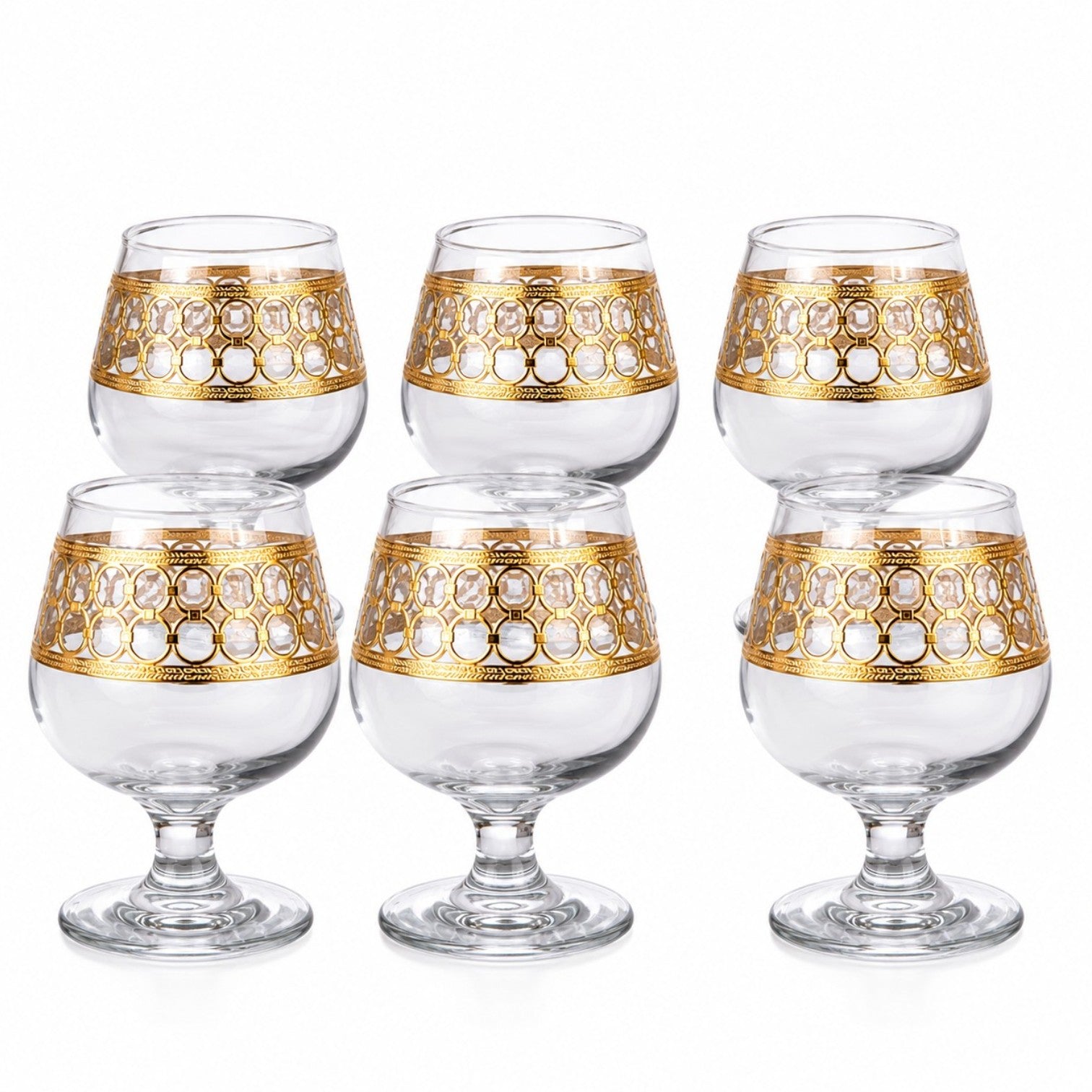 Pahar cu Picior 6/set, din Sticlă 13cm, Model cu Decor Auriu, Transparent