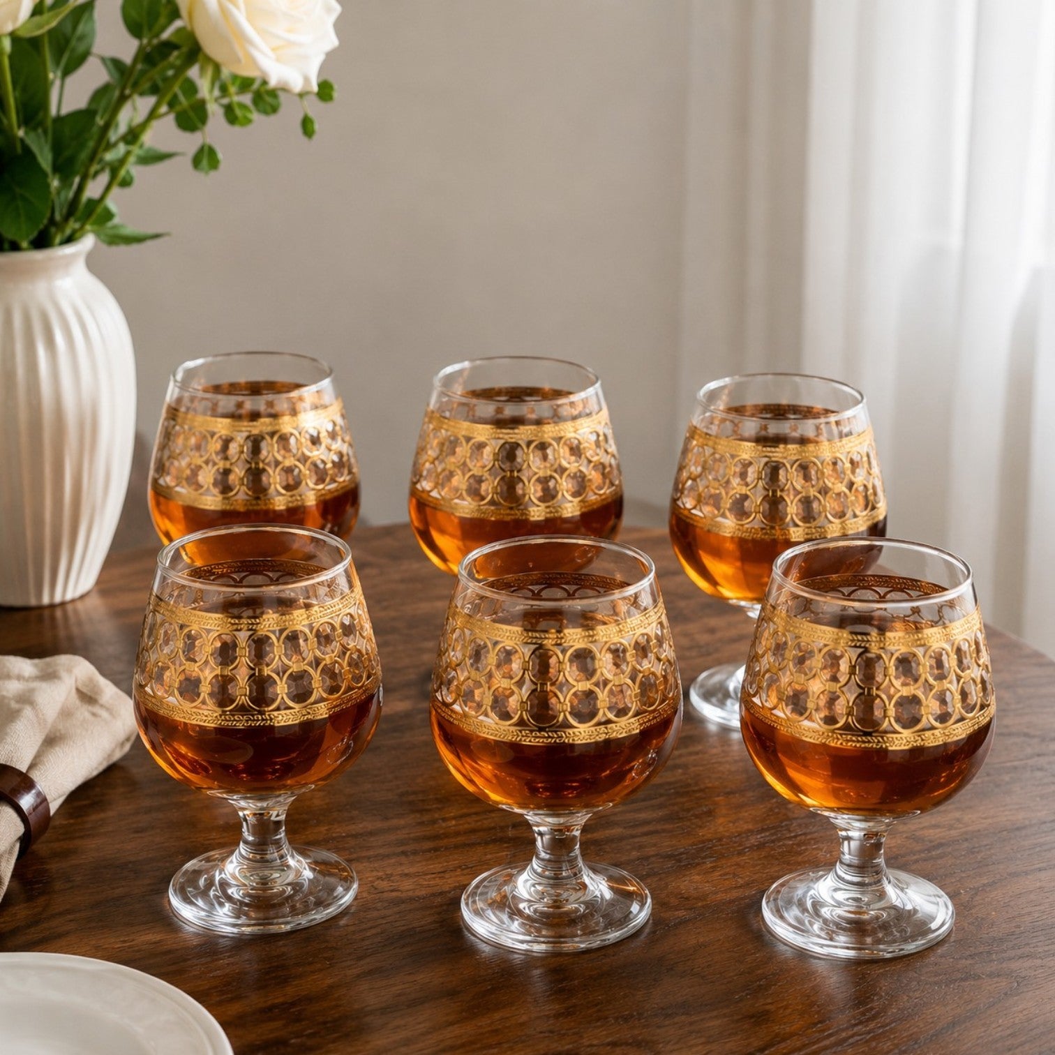 Pahar cu Picior 6/set, din Sticlă 13cm, Model cu Decor Auriu, Transparent