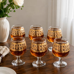 Pahar cu Picior 6/set, din Sticlă 13cm, Model cu Decor Auriu, Transparent