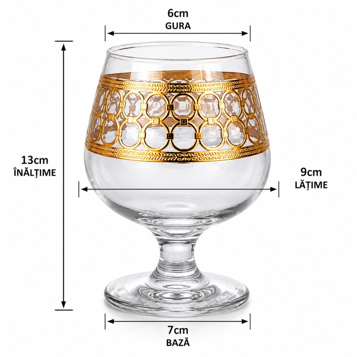 Pahar cu Picior 6/set, din Sticlă 13cm, Model cu Decor Auriu, Transparent