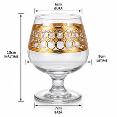 Pahar cu Picior 6/set, din Sticlă 13cm, Model cu Decor Auriu, Transparent