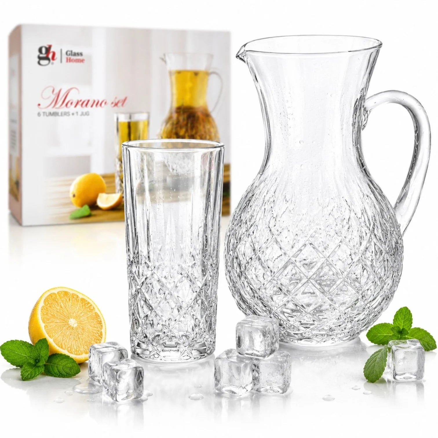 Carafa 22cm, cu 6 Pahare 13.5cm, din Sticlă Texturată, Model Cristal, Transparent