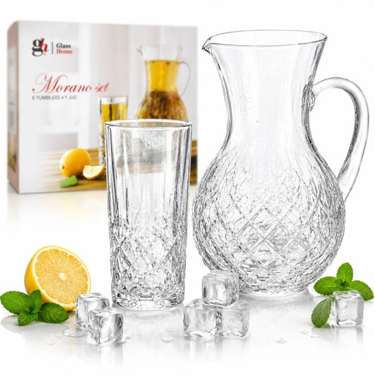 Carafa 22cm, cu 6 Pahare 13.5cm, din Sticlă Texturată, Model Cristal, Transparent