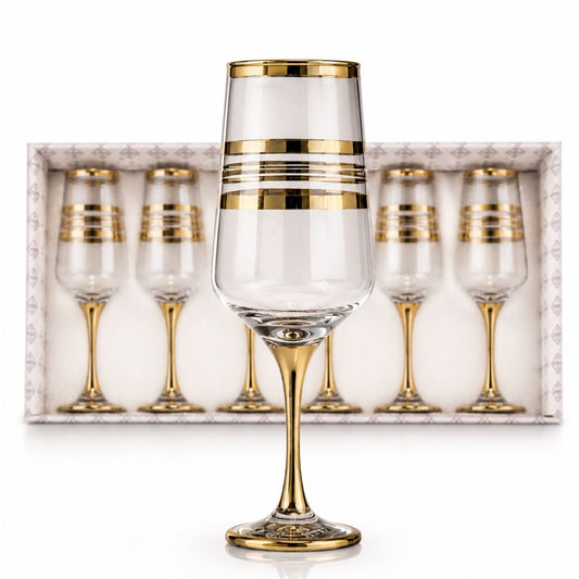 Pahar Flute 6/set, cu Picior 22cm, Model cu Decor Auriu, Transparent