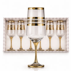 Pahar Flute 6/set, cu Picior 22cm, Model cu Decor Auriu, Transparent