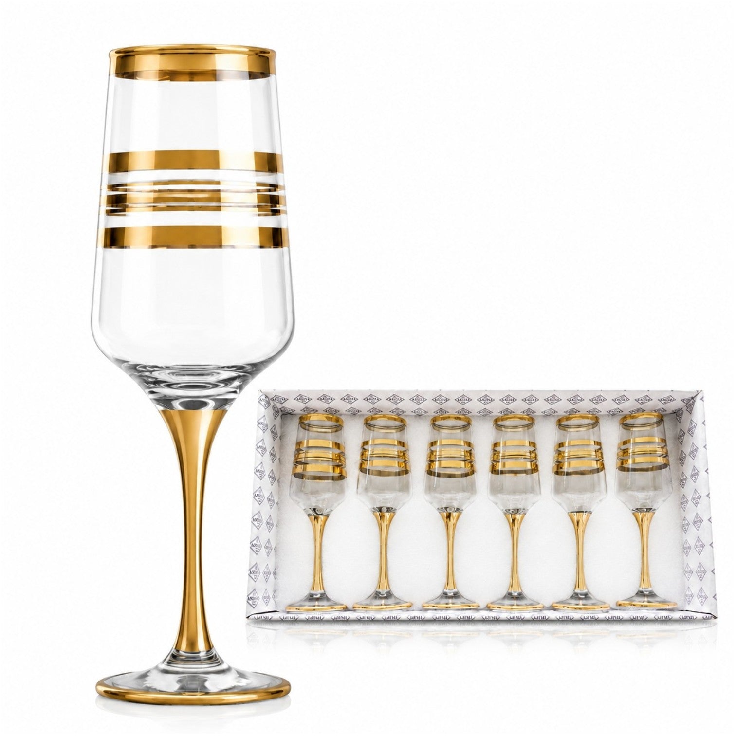 Pahar Flute 6/set, cu Picior 22cm, Model cu Decor Auriu, Transparent