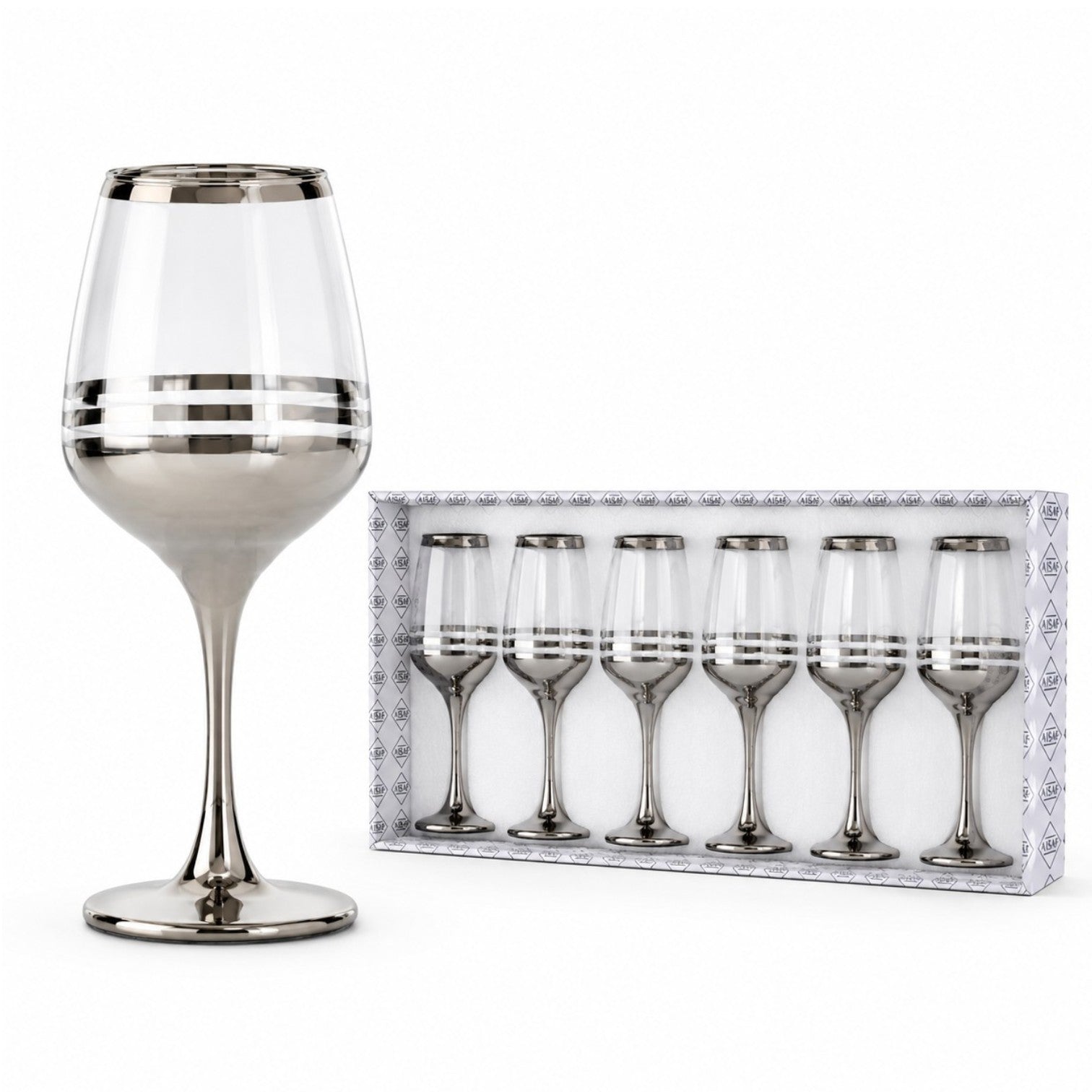 Pahar cu Picior 6/set, 20.5cm, din Sticlă, Model Cristal Argintiu cu Dungi, Transparent&nbsp;