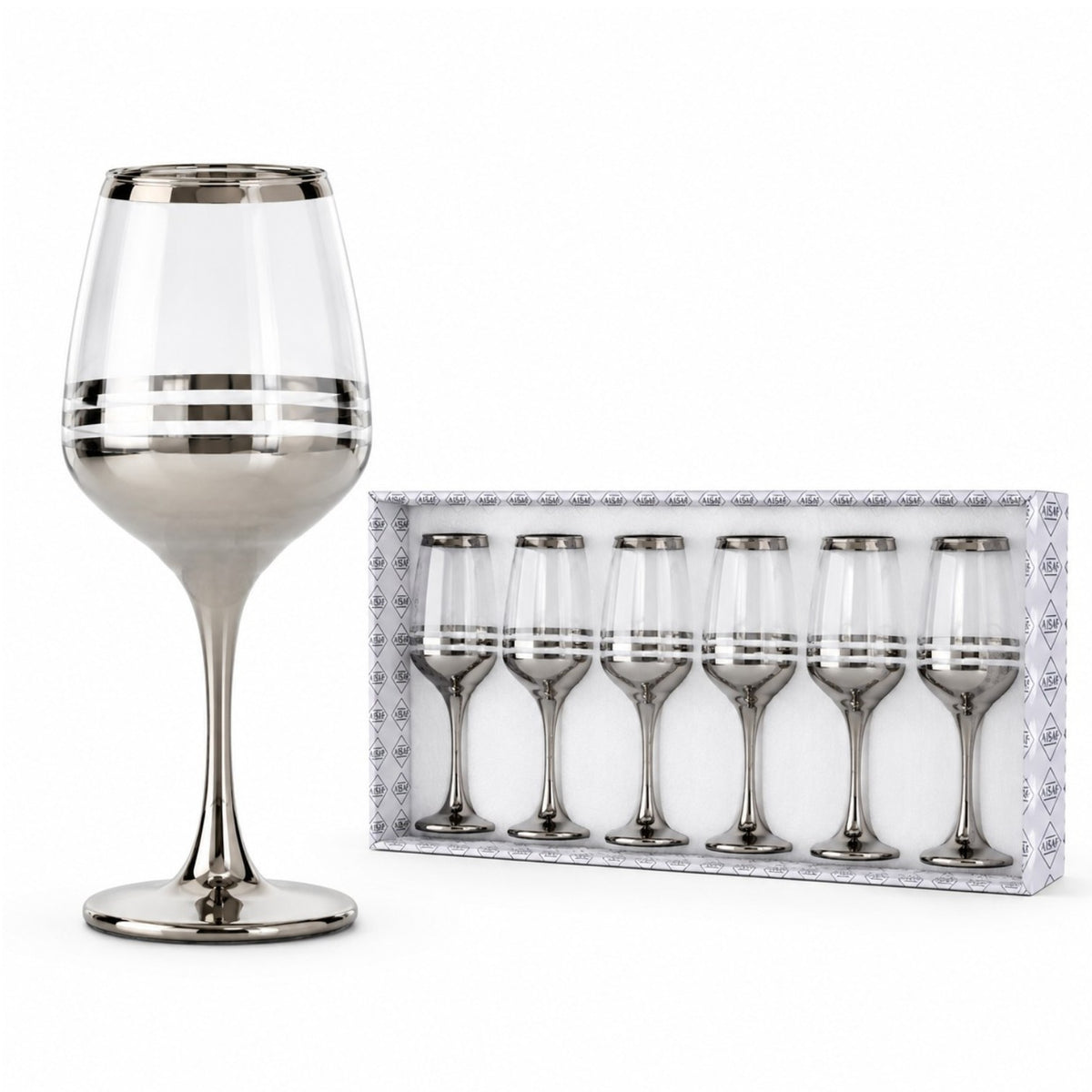 Pahar cu Picior 6/set, 20.5cm, din Sticlă, Model Cristal Argintiu cu Dungi, Transparent&nbsp;