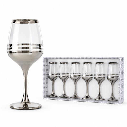 Pahar cu Picior 6/set, 20.5cm, din Sticlă, Model Cristal Argintiu cu Dungi, Transparent&nbsp;