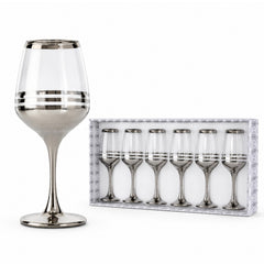 Pahar cu Picior 6/set, 20.5cm, din Sticlă, Model Cristal Argintiu cu Dungi, Transparent&nbsp;