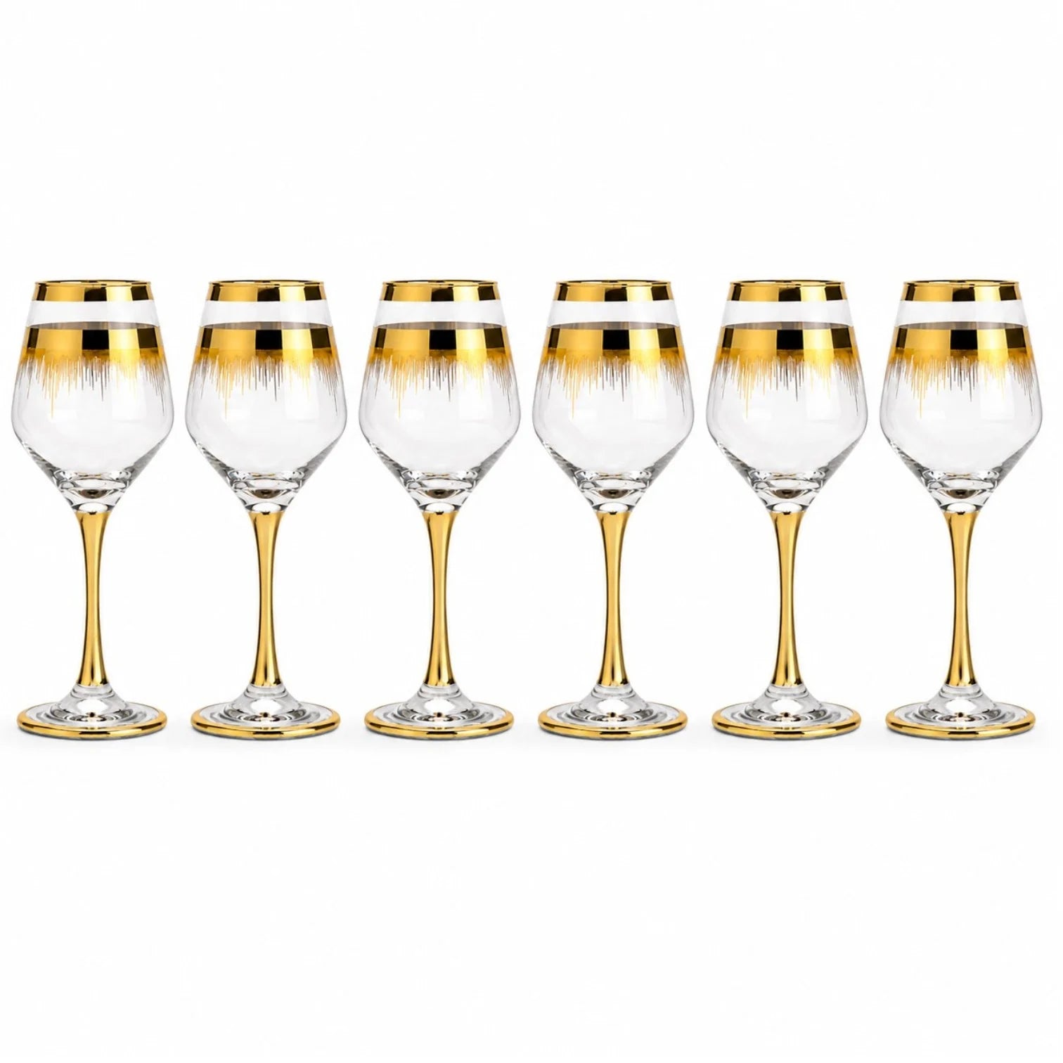 Pahar cu Picior 6/set, din Sticlă 20.5cm, Model Auriu cu Linii Decorative, Transparent