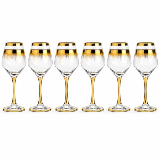 Pahar cu Picior 6/set, din Sticlă 20.5cm, Model Auriu cu Linii Decorative, Transparent
