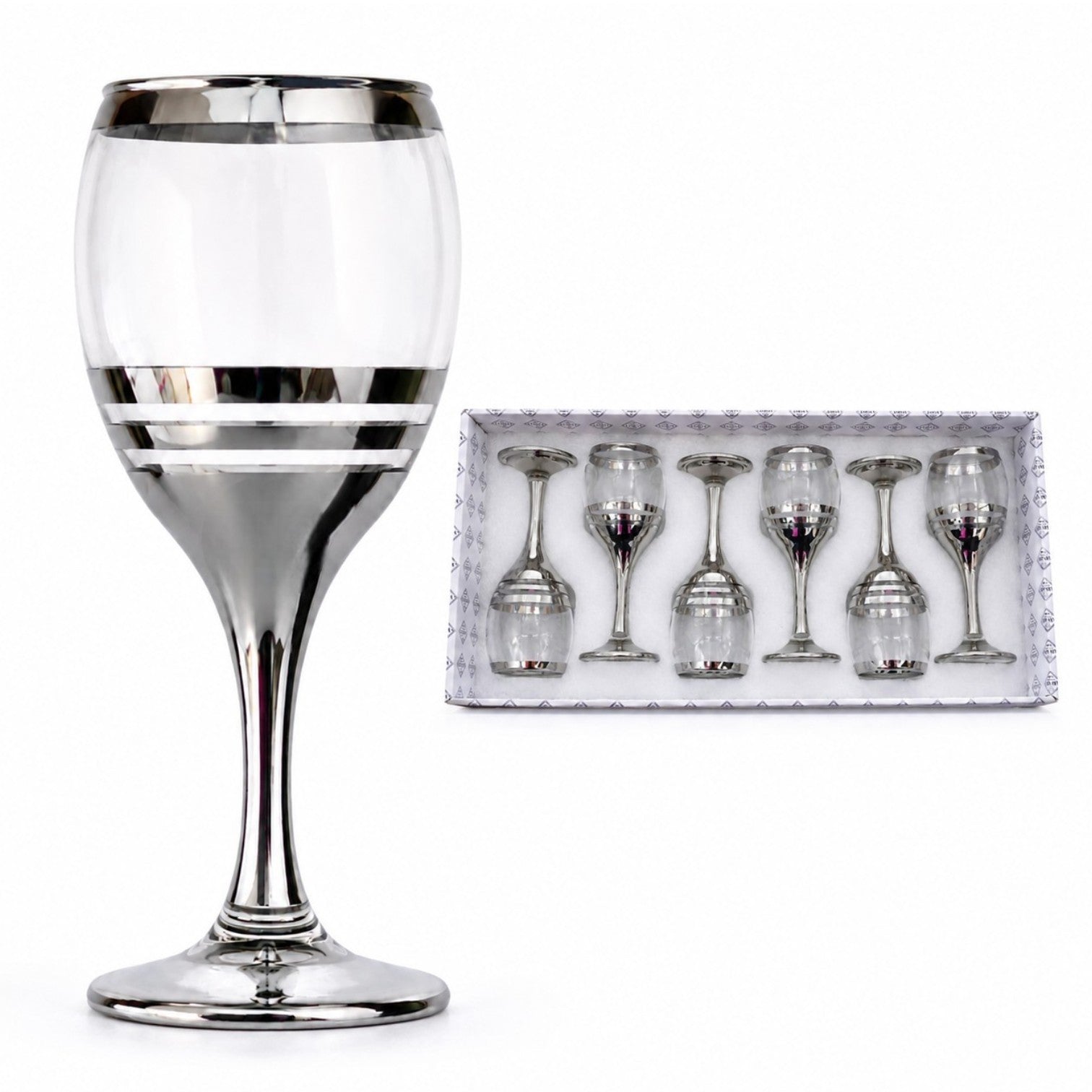 Pahar cu Picior 6/set, din Sticlă 18cm, Model Argintiu cu Dungi Decorative, Transparent
