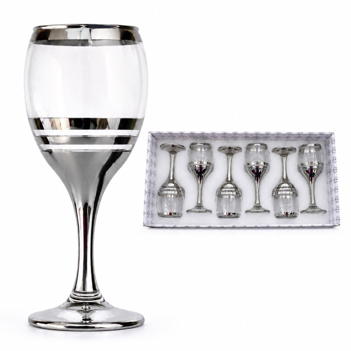 Pahar cu Picior 6/set, din Sticlă 18cm, Model Argintiu cu Dungi Decorative, Transparent