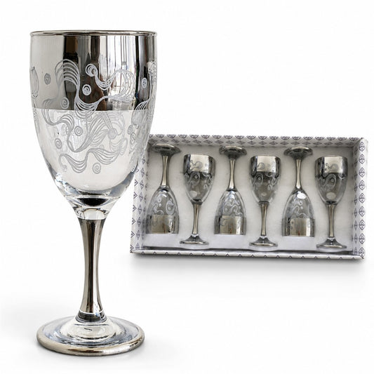 Pahar cu Picior 6/set, din Sticlă 18cm, Model cu Decor Argintiu, Transparent