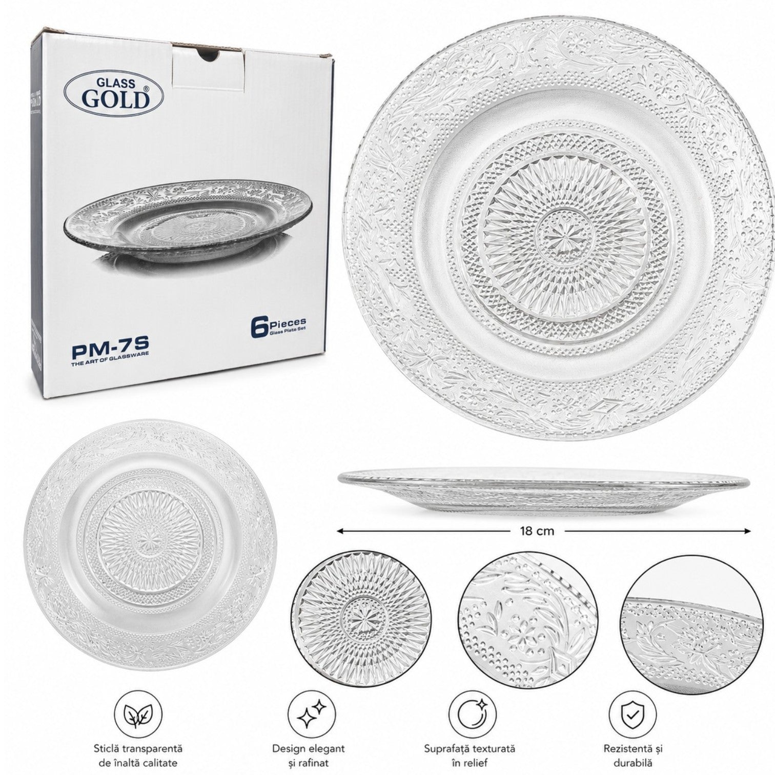 Farfurie din Sticlă 6/set, cu Model Cristal 18cm, Transparenta