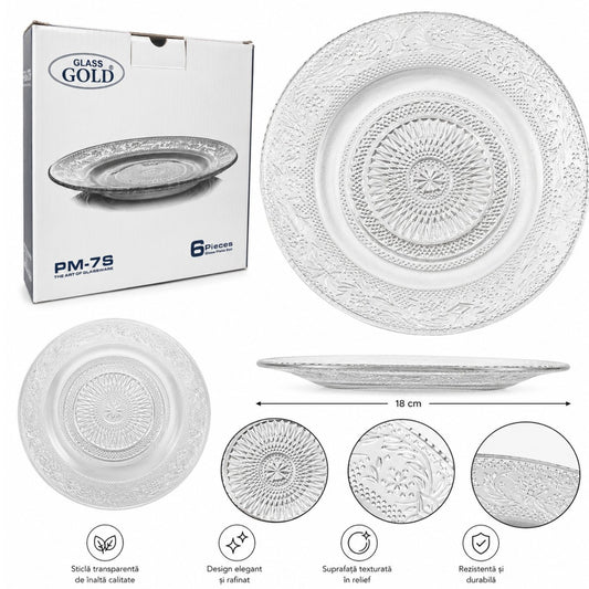 Farfurie din Sticlă 6/set, cu Model Cristal 18cm, Transparenta
