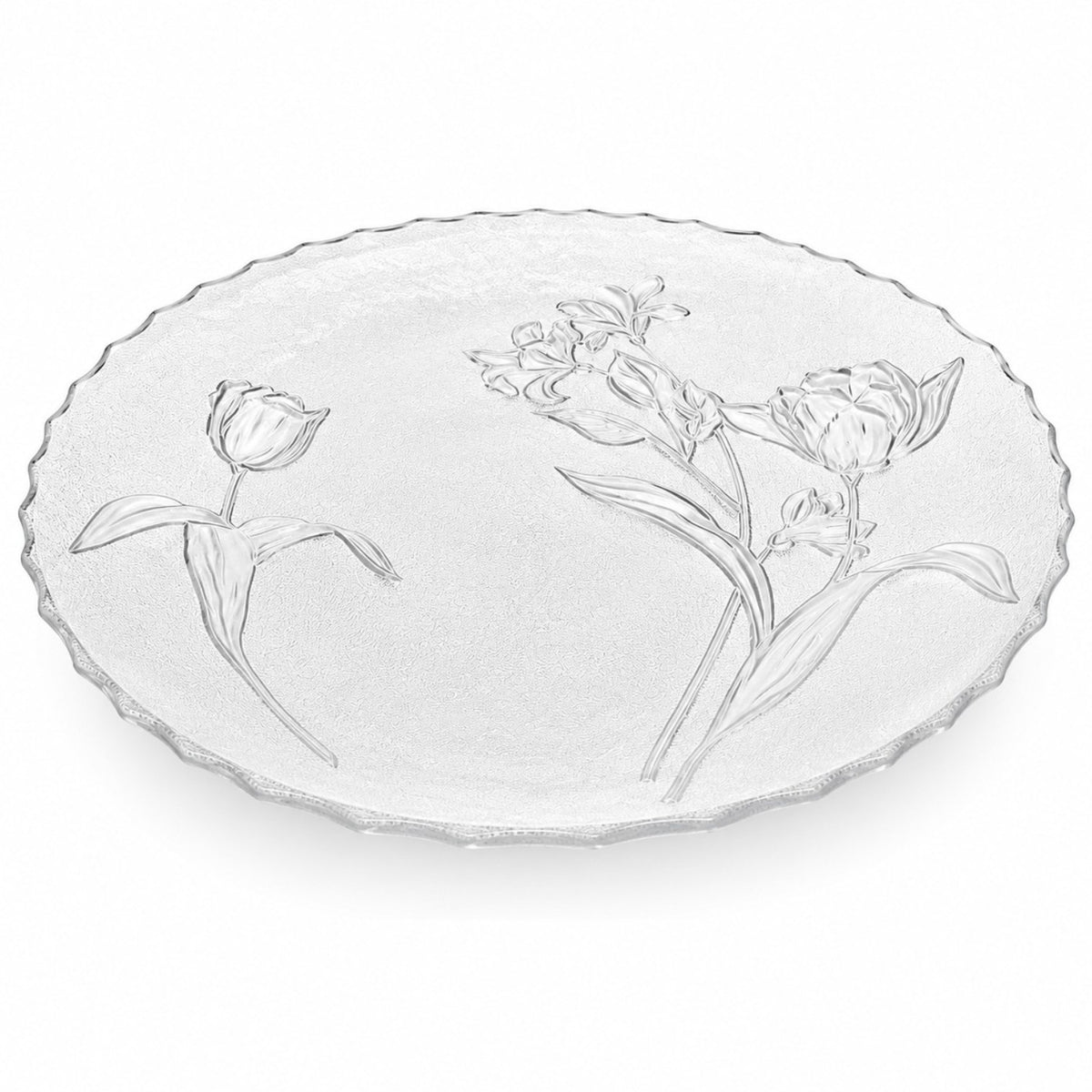 Platou din Sticla 30cm, Model Floral, Rotund