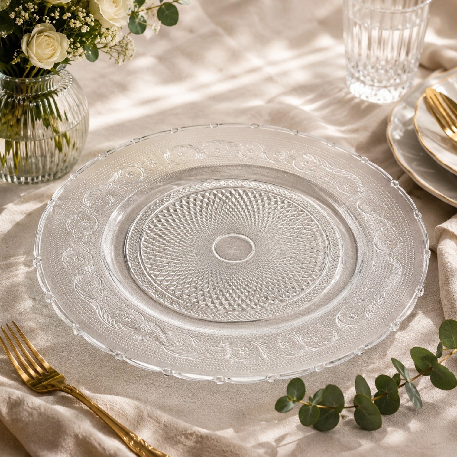 Platou din Sticla 32.5cm, Model Cristal Floral, Transparent