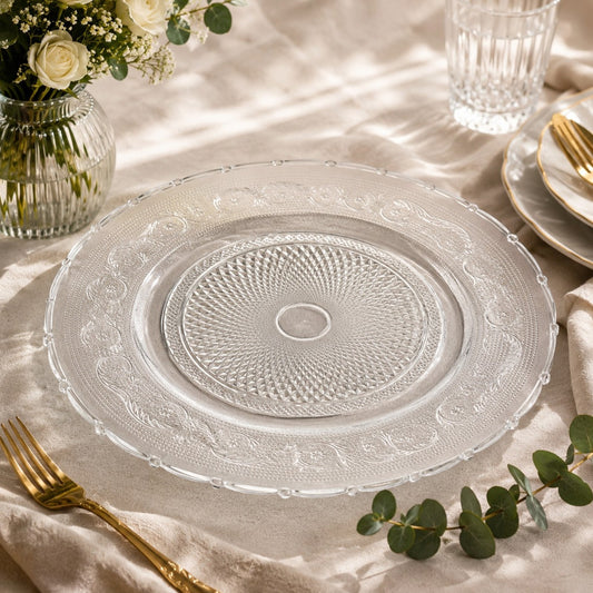 Platou din Sticla 32.5cm, Model Cristal Floral, Transparent
