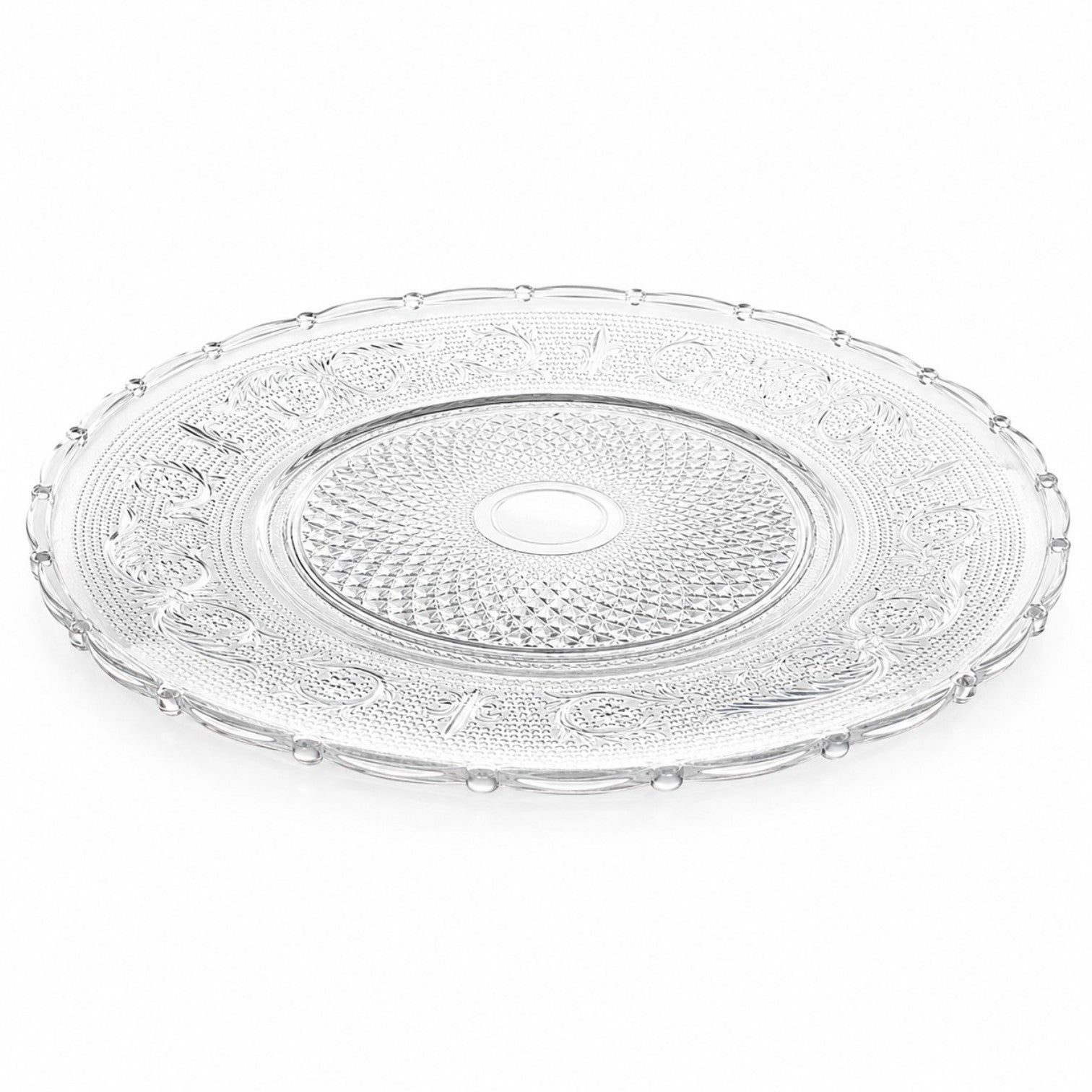 Platou din Sticla 32.5cm, Model Cristal Floral, Transparent