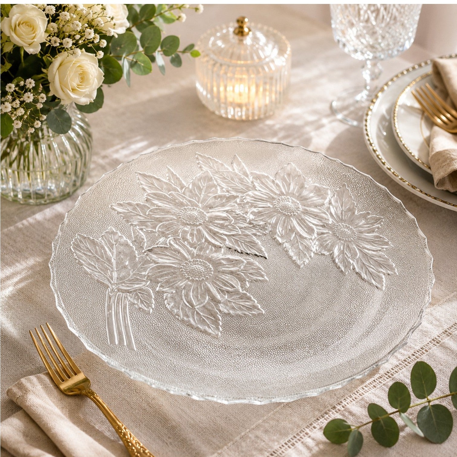 Platou din Sticla 30cm, Model Cristal Floral, Transparent