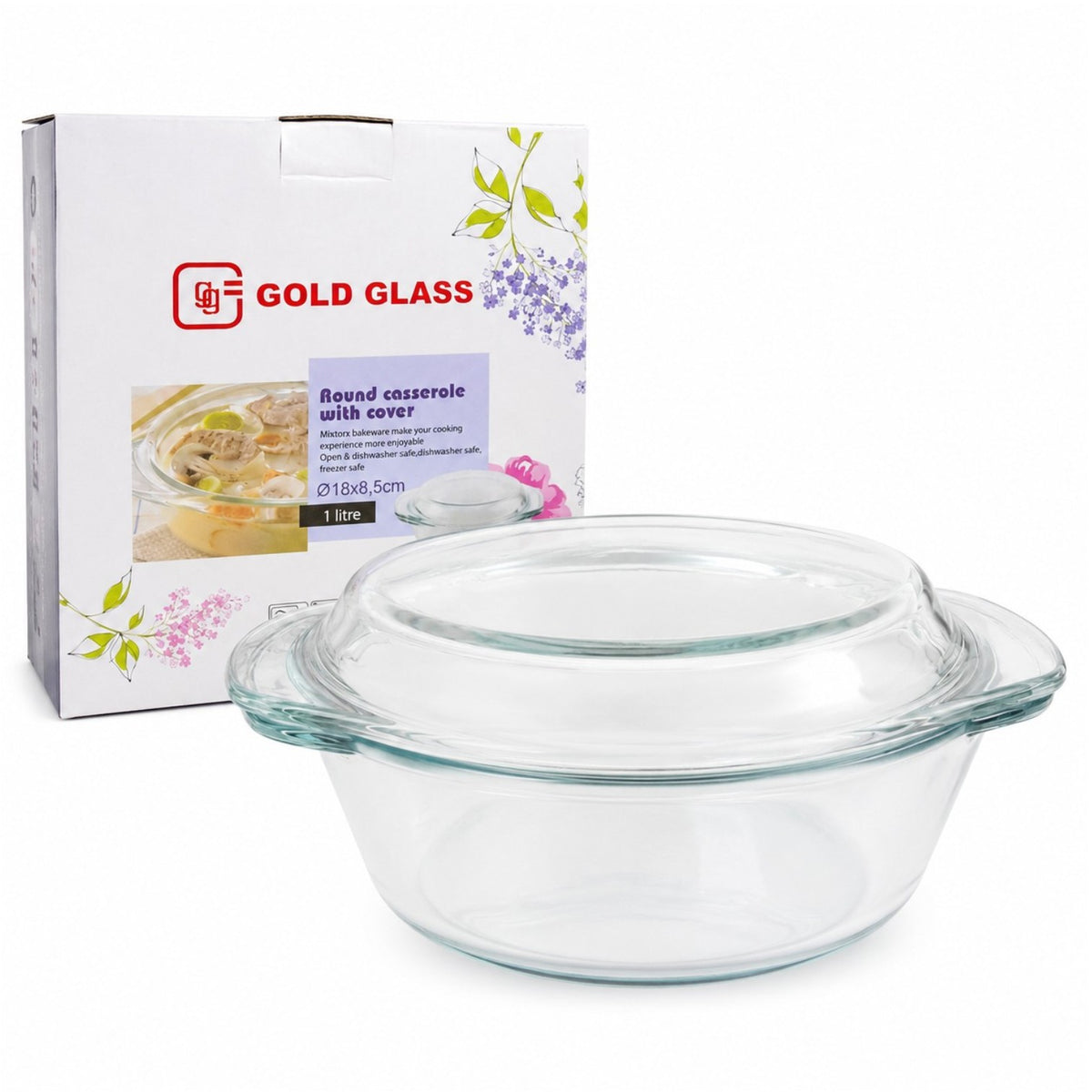 Vas Rotund 18x8.5cm cu Capac, din Sticlă Termorezistentă 1L, pentru Cuptor și Gătit, Model Transparent
