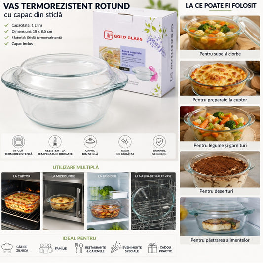 Vas Rotund 18x8.5cm cu Capac, din Sticlă Termorezistentă 1L, pentru Cuptor și Gătit, Model Transparent