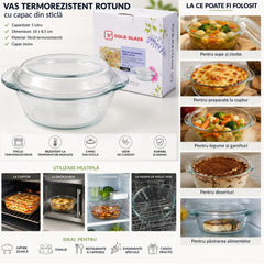 Vas Rotund 18x8.5cm cu Capac, din Sticlă Termorezistentă 1L, pentru Cuptor și Gătit, Model Transparent