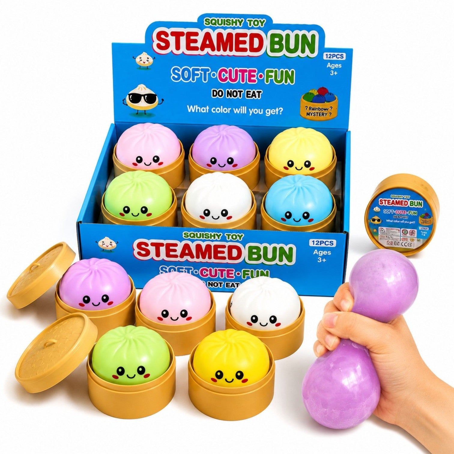 Jucarie Squishy Dumpling în Cutie Plastic 10cm, Antistres, Slow Rising, Elastică și Moale, Diferite&nbsp;