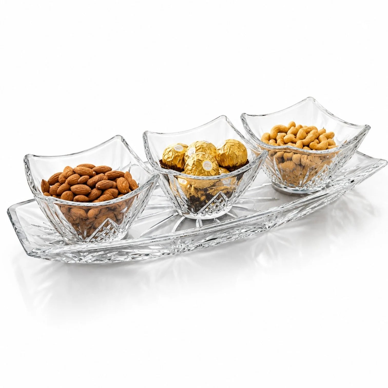 Boluri 9.5x6cm, cu Platou 30cm din Sticlă, 4 Piese, Model Cristal
