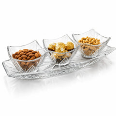 Boluri 9.5x6cm, cu Platou 30cm din Sticlă, 4 Piese, Model Cristal