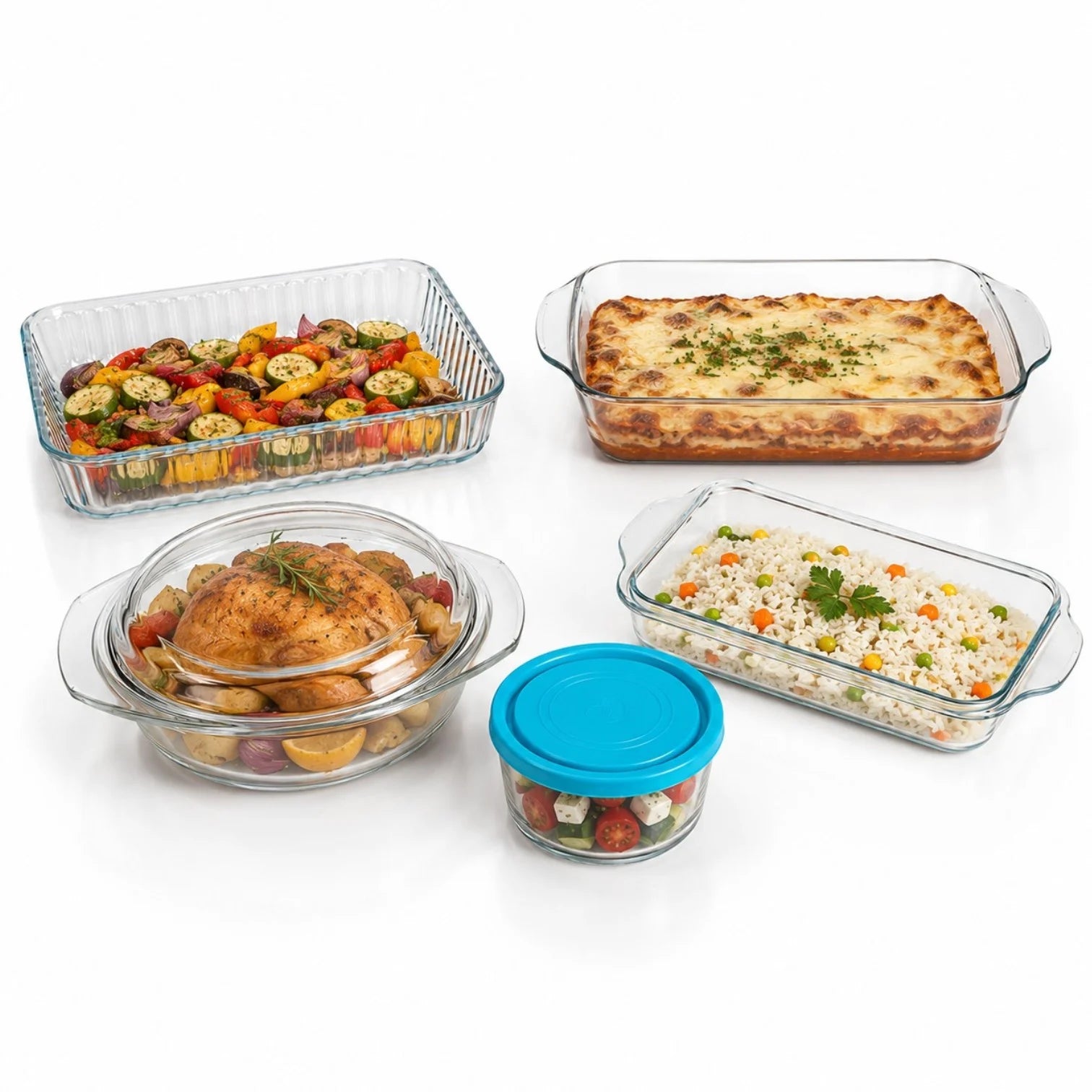 Vase Termorezistente din Sticlă pentru Cuptor, 5+1 Piese, Diferite Dimensiuni, cu Capac și Tăvi pentru Gătit