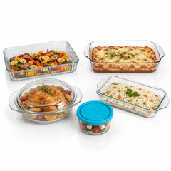 Vase Termorezistente din Sticlă pentru Cuptor, 5+1 Piese, Diferite Dimensiuni, cu Capac și Tăvi pentru Gătit