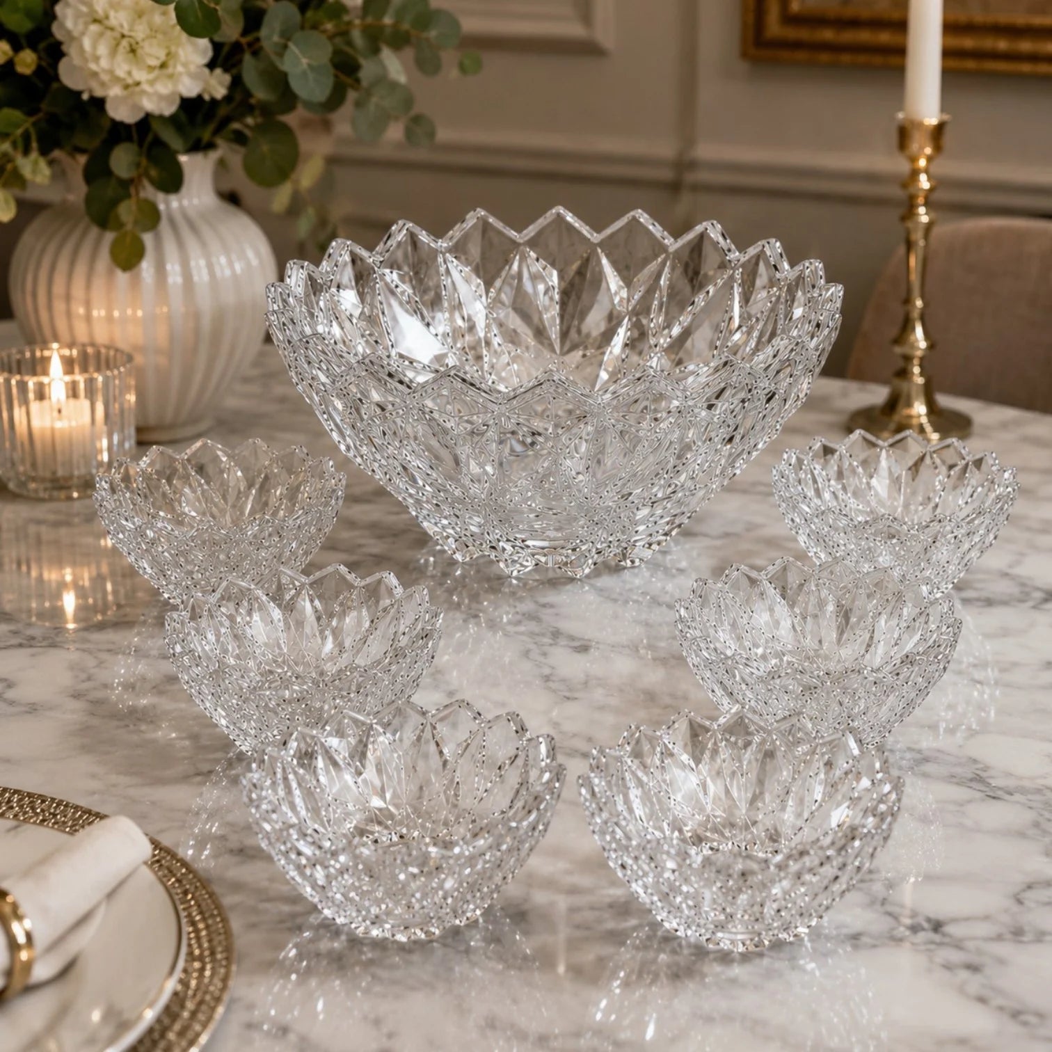 Bol din Sticlă 7/set, Model Cristal, cu 6 Boluri Mici și Bol Mare 23.5x11.5cm, Transparent