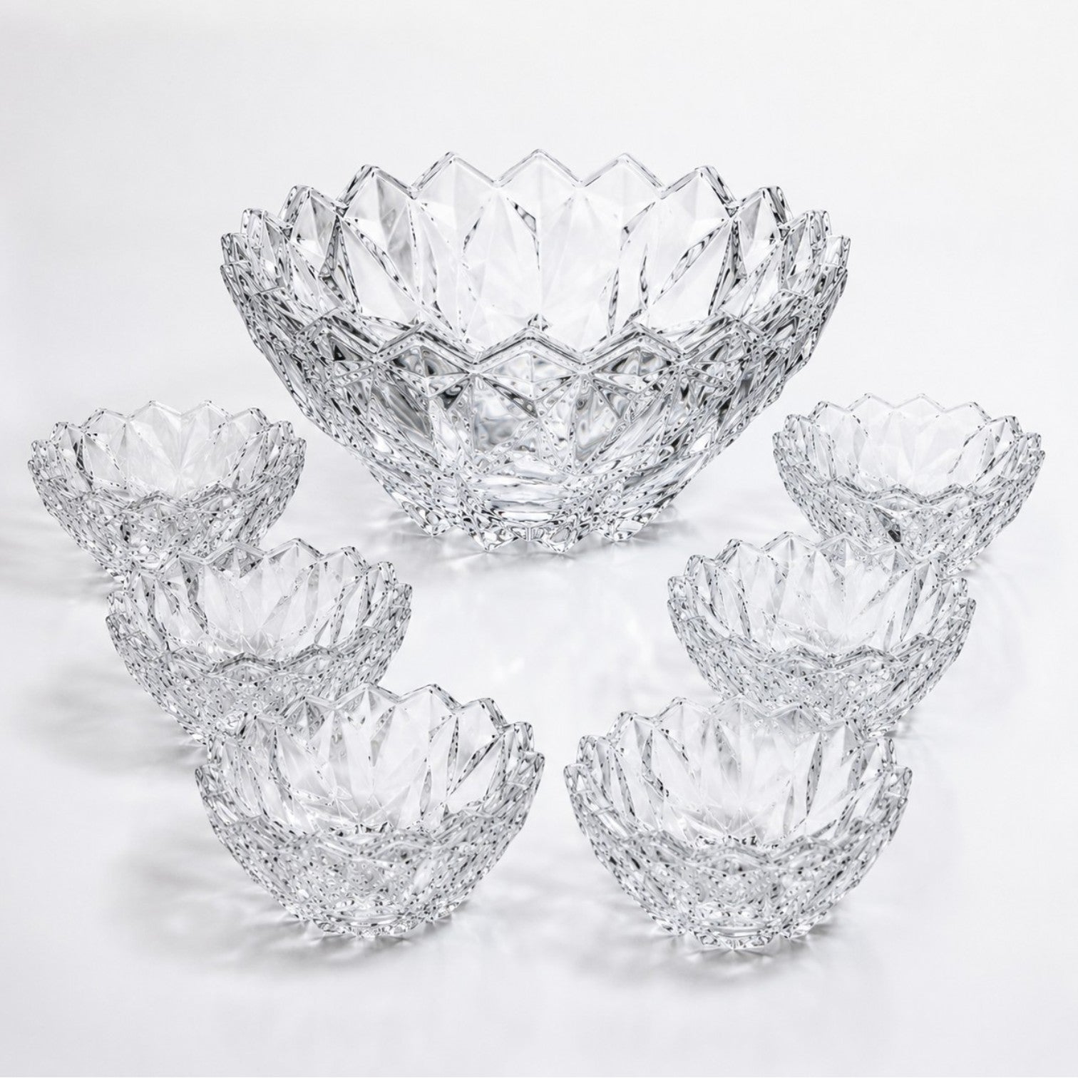 Bol din Sticlă 7/set, Model Cristal, cu 6 Boluri Mici și Bol Mare 23.5x11.5cm, Transparent