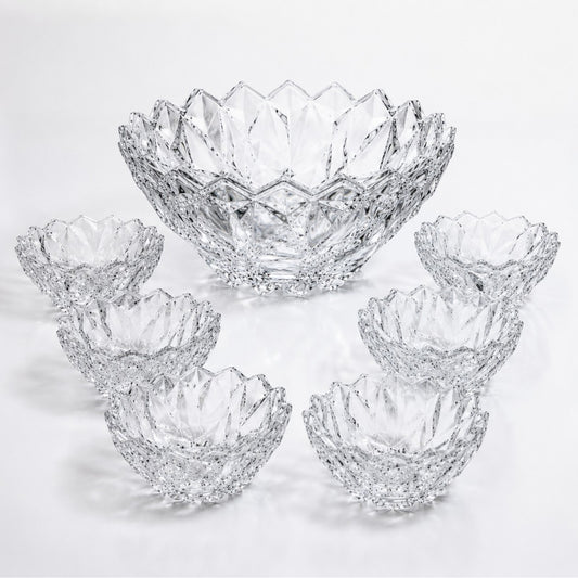 Bol din Sticlă 7/set, Model Cristal, cu 6 Boluri Mici și Bol Mare 23.5x11.5cm, Transparent