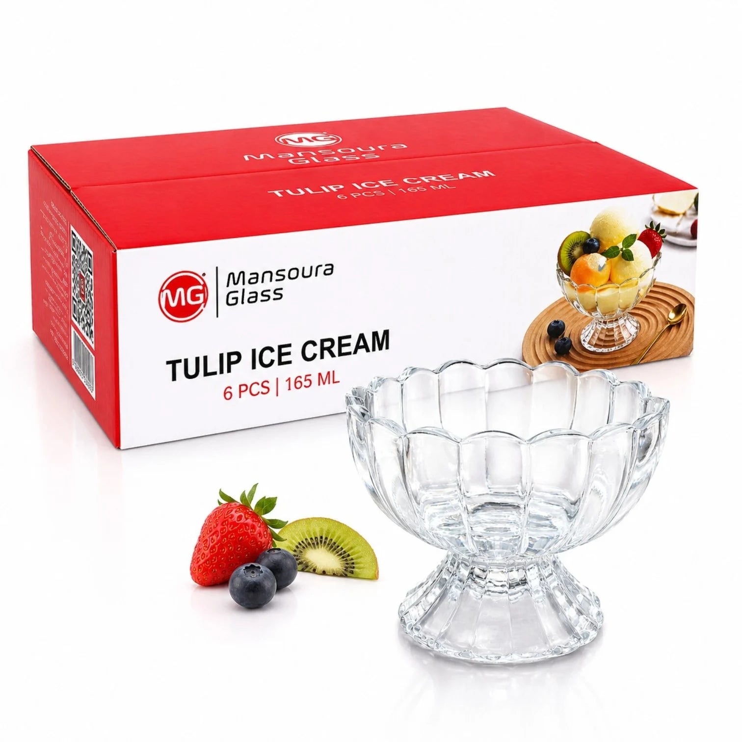 Cupă pentru Înghețată 6/set, din Sticlă 7x9.5cm, cu Picior 165ml, Model Cristal Floral Transparent&nbsp;