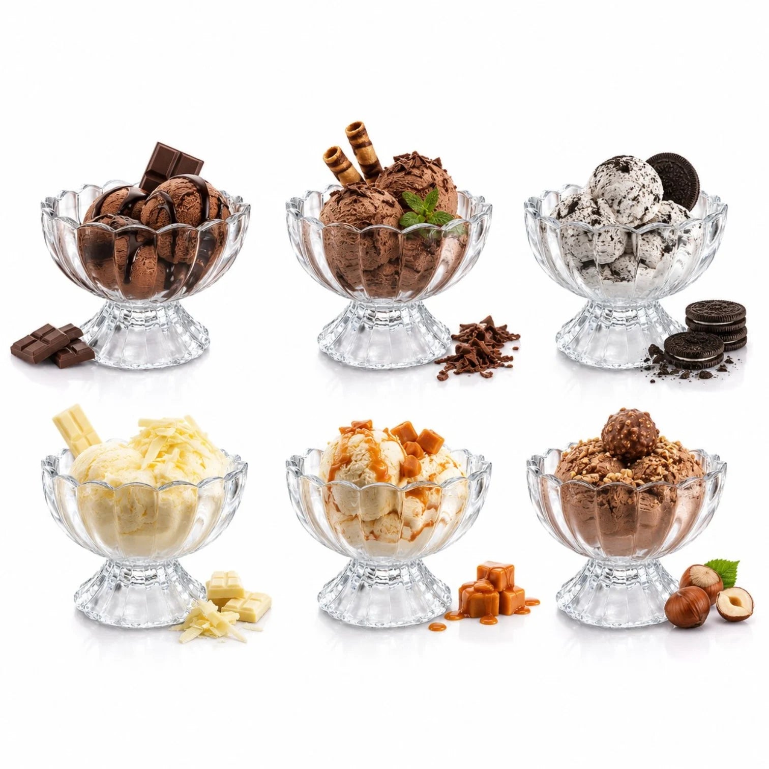 Cupă pentru Înghețată 6/set, din Sticlă 7x9.5cm, cu Picior 165ml, Model Cristal Floral Transparent&nbsp;