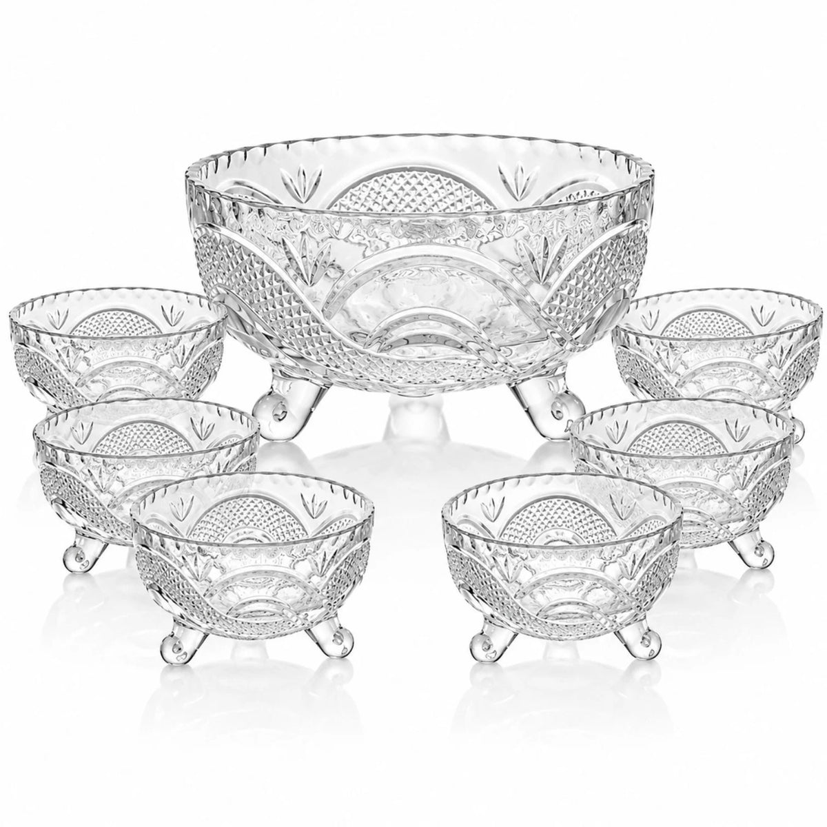 Bol din Sticlă 7/set, cu Picior și Textură Cristal, cu 6 Boluri Mici și Bol Mare 16x9cm, Transparent
