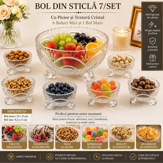 Bol din Sticlă 7/set, cu Picior și Textură Cristal, cu 6 Boluri Mici și Bol Mare 16x9cm, Transparent