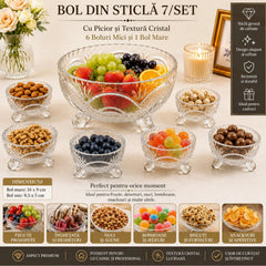 Bol din Sticlă 7/set, cu Picior și Textură Cristal, cu 6 Boluri Mici și Bol Mare 16x9cm, Transparent