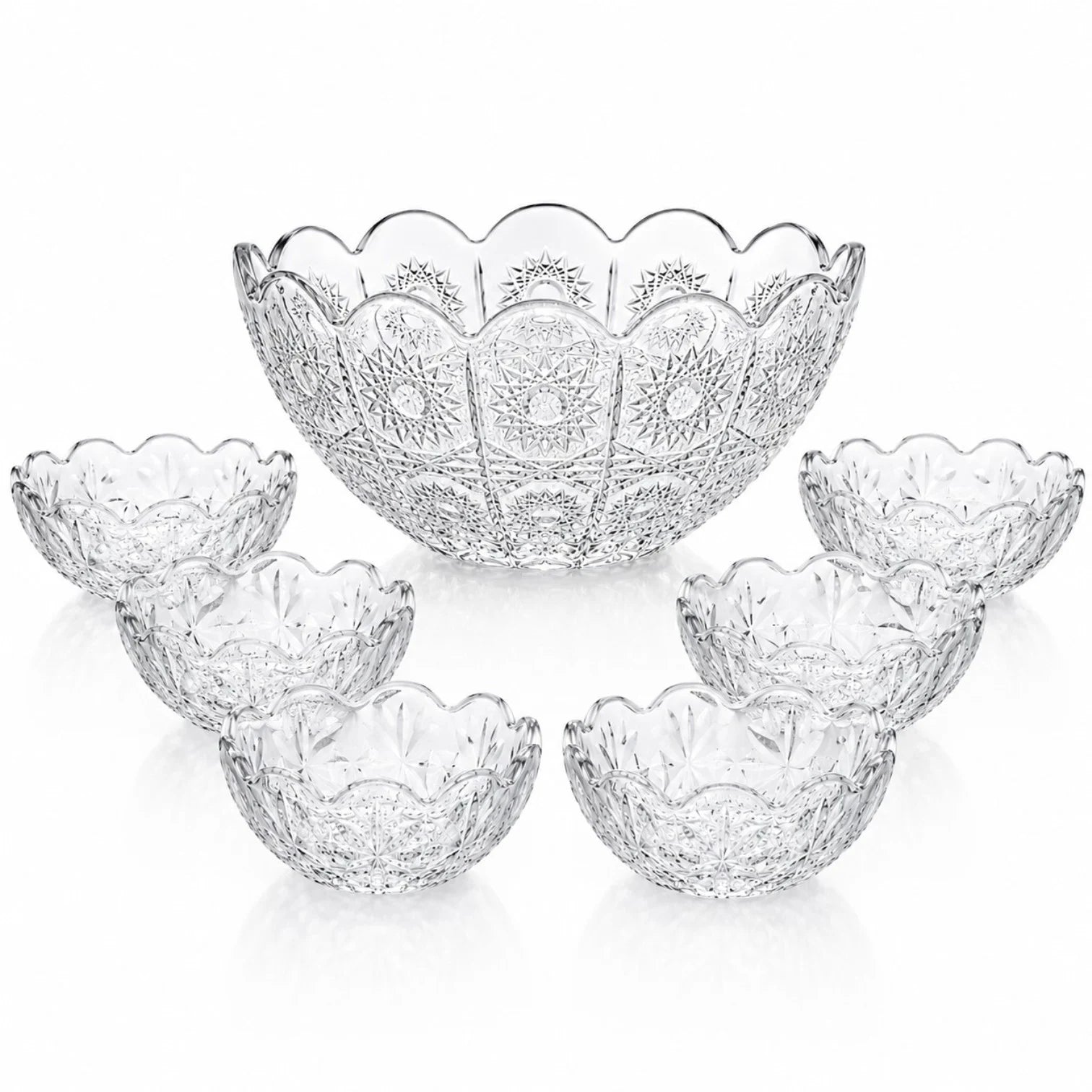 Bol din Sticlă 7/set, Model Cristal Floral, cu 6 Boluri Mici și Bol Mare 23x10cm, Transparent