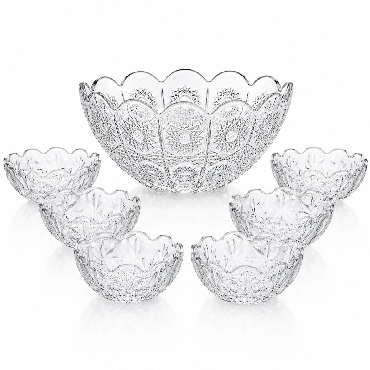 Bol din Sticlă 7/set, Model Cristal Floral, cu 6 Boluri Mici și Bol Mare 23x10cm, Transparent