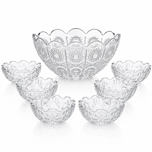 Bol din Sticlă 7/set, Model Cristal Floral, cu 6 Boluri Mici și Bol Mare 23x10cm, Transparent