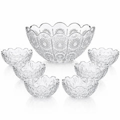 Bol din Sticlă 7/set, Model Cristal Floral, cu 6 Boluri Mici și Bol Mare 23x10cm, Transparent