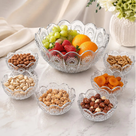 Bol din Sticlă 7/set, Model Cristal Floral, cu 6 Boluri Mici și Bol Mare 23x10cm, Transparent
